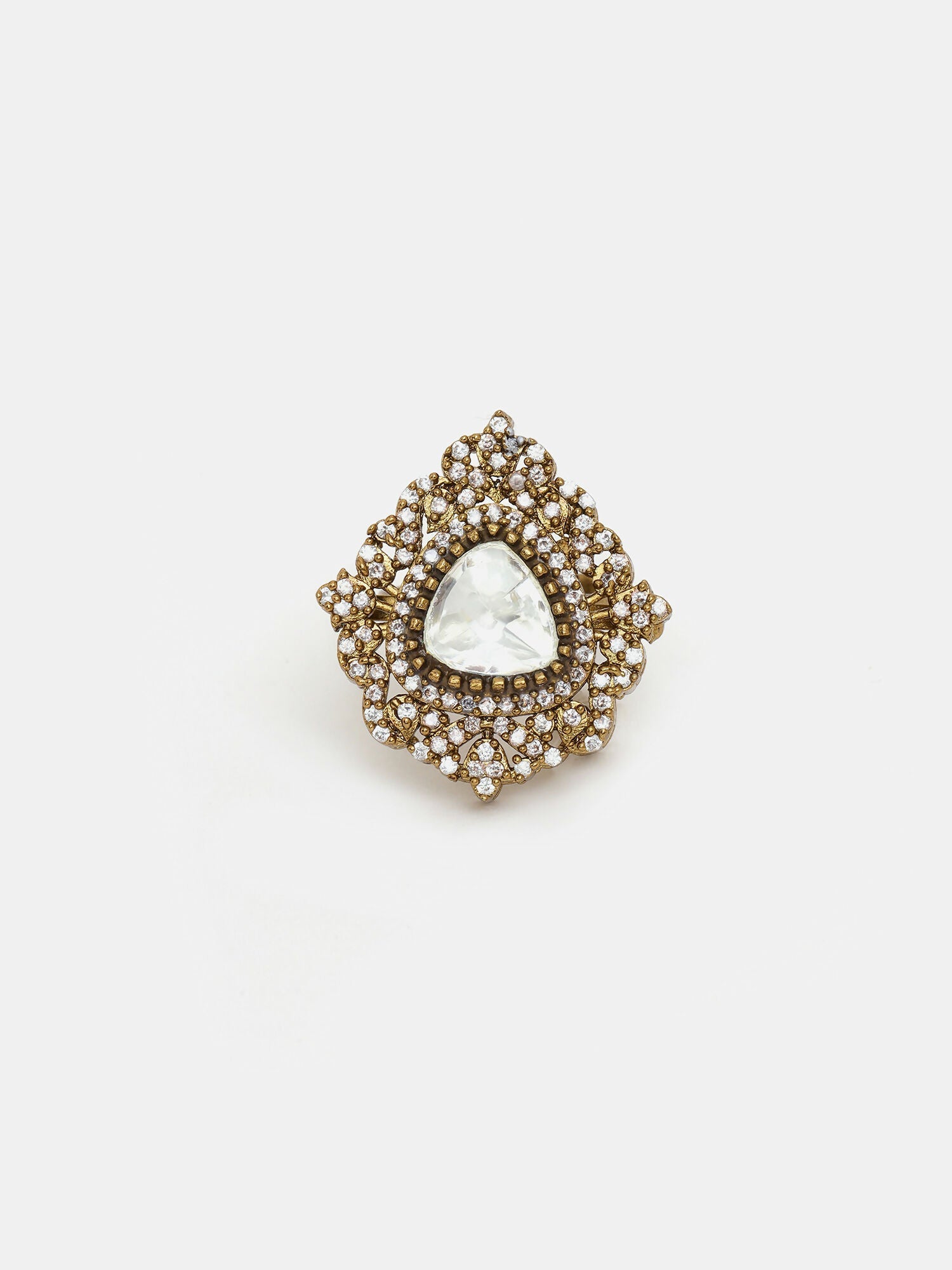 Ruby Raang Festive Gold Polished White Kundan Ring | Swadesiicart