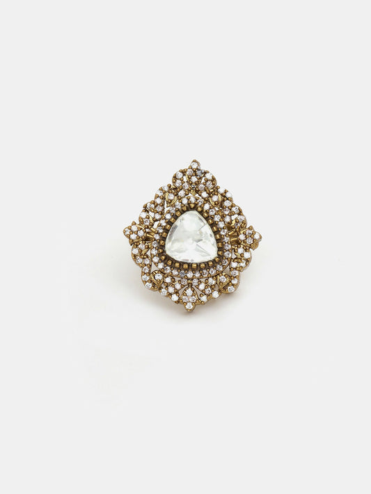 Ruby Raang Festive Gold Polished White Kundan Ring | Swadesiicart