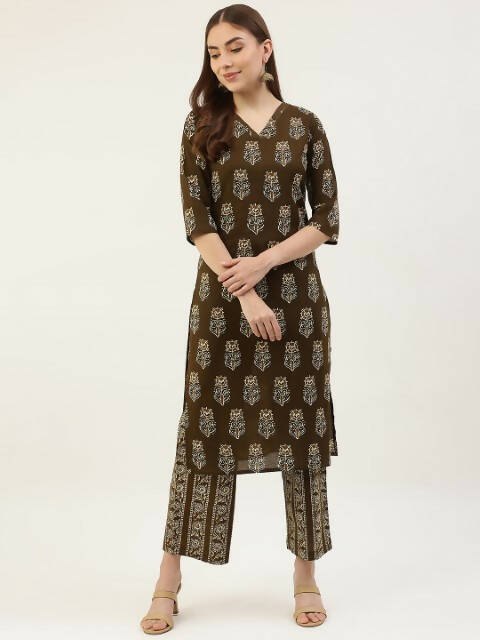 FIORRA Women's Mahendi Green Cotton Straight Kurta Set - Swadesiicart