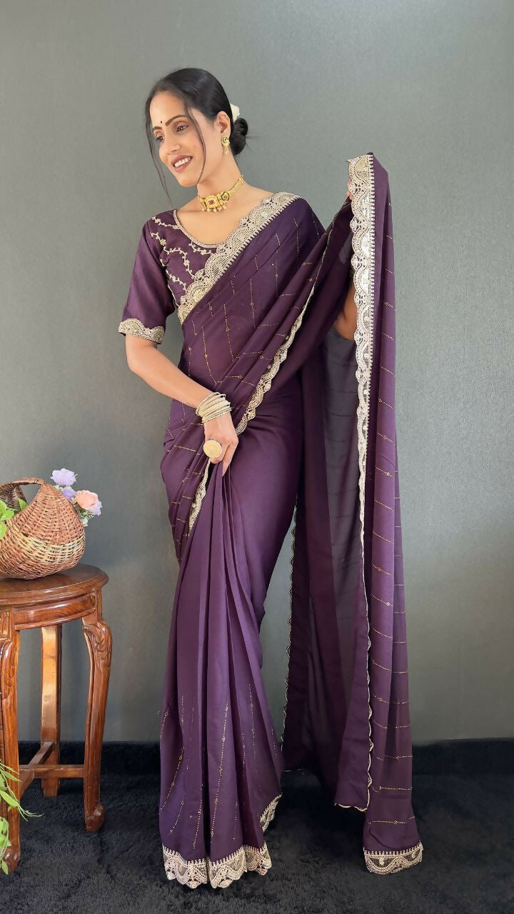 Vastranavya Purple Georgette Silk Swarovski & Heavy Lace Work Ready to Wear Saree | Swadesiicart