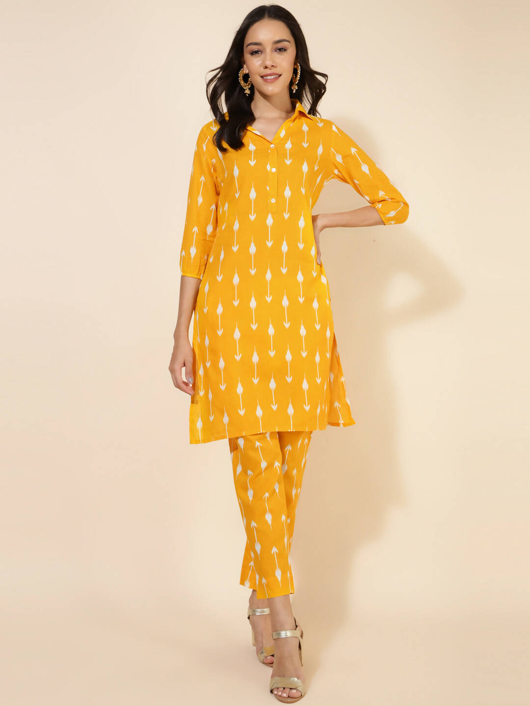 Janasya Women's Yellow Cotton Ikkat Printed Casual Straight Co-ords - Swadesiicart