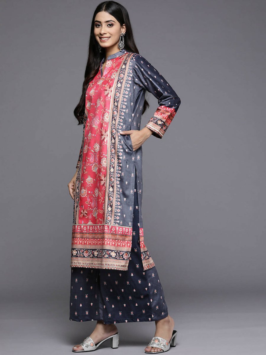 Ahalyaa Women Navy Blue Ethnic Motifs Printed Gotta Patti Velvet Kurta with Palazzos | Swadesiicart