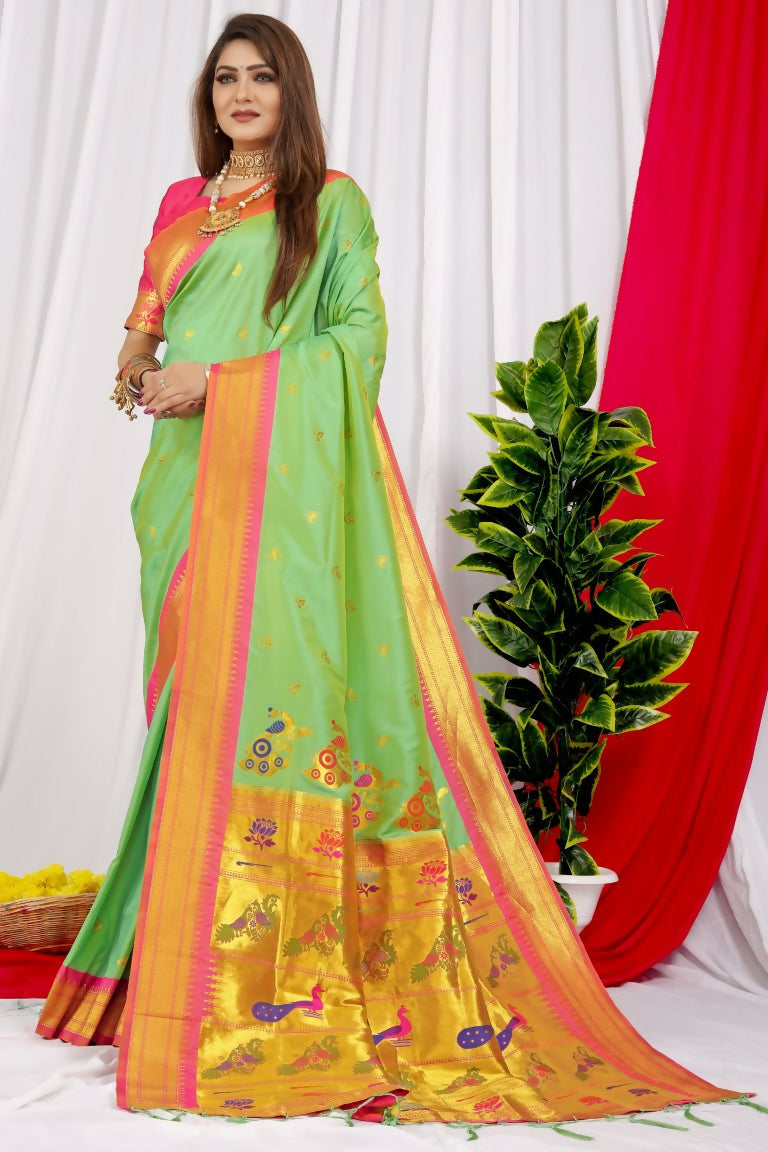 Jyoti Fashion Women's Green Paithani Silk Zari Woven Saree with Blouse | Swadesiicart