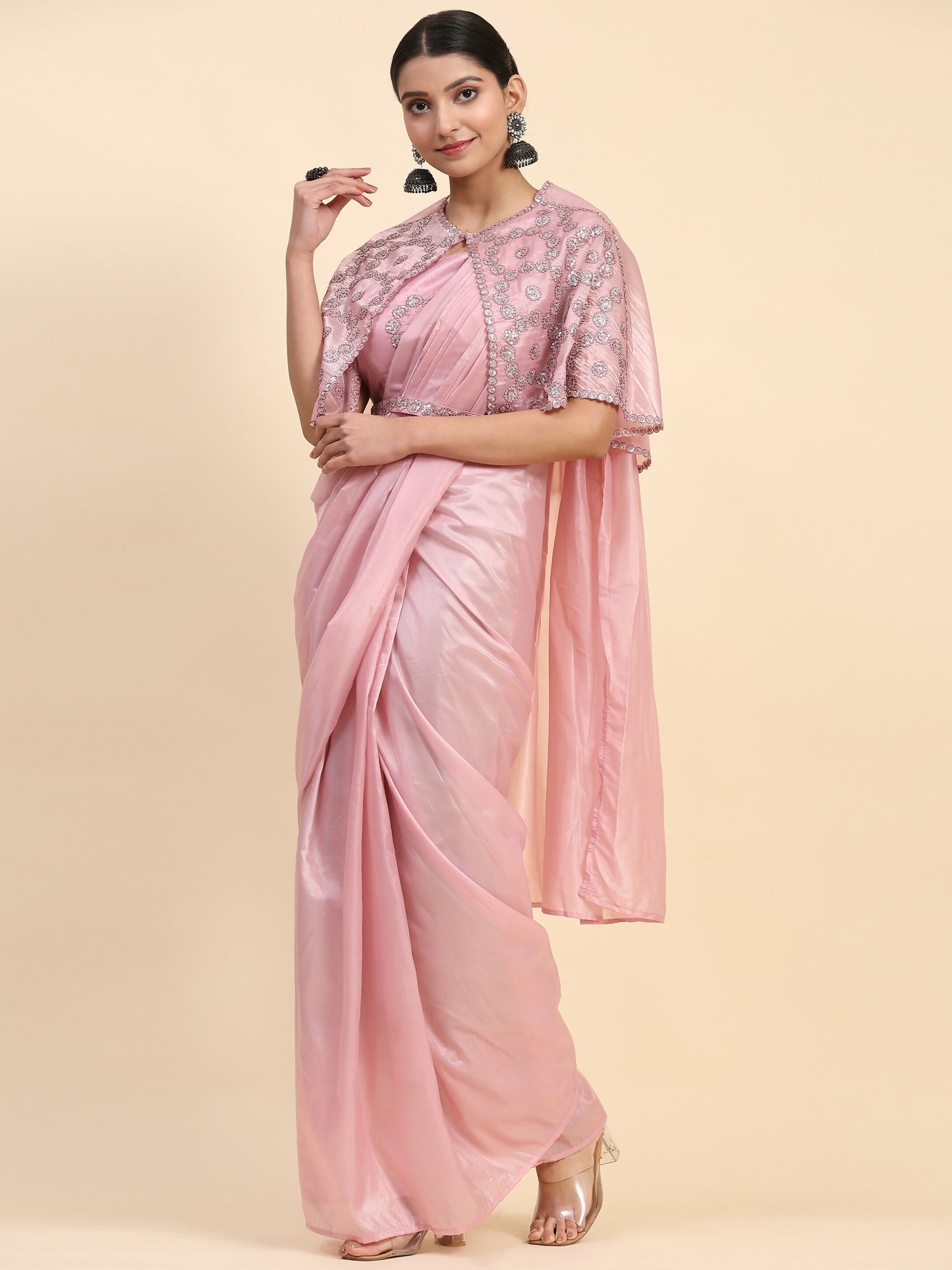Pink Satin Solid Ready to wear Saree with stitched Blouse - Vanita | Swadesiicart