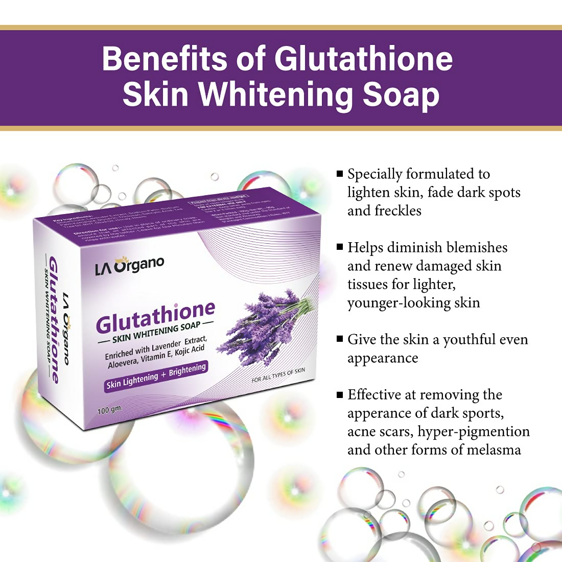 LA Organo Glutathione Lavender Skin Whitening Soap - Limited Time Offer - Swadesiicart