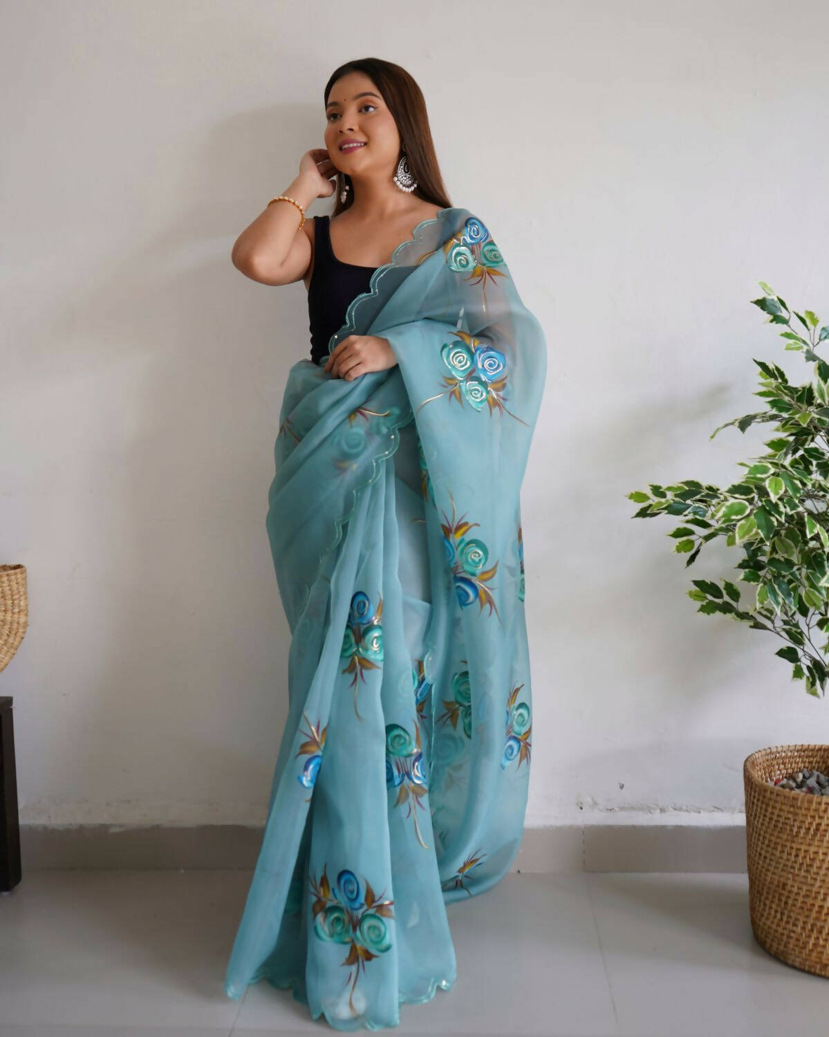 Vamsee Sky Blue Organza Saree - Swadesiicart