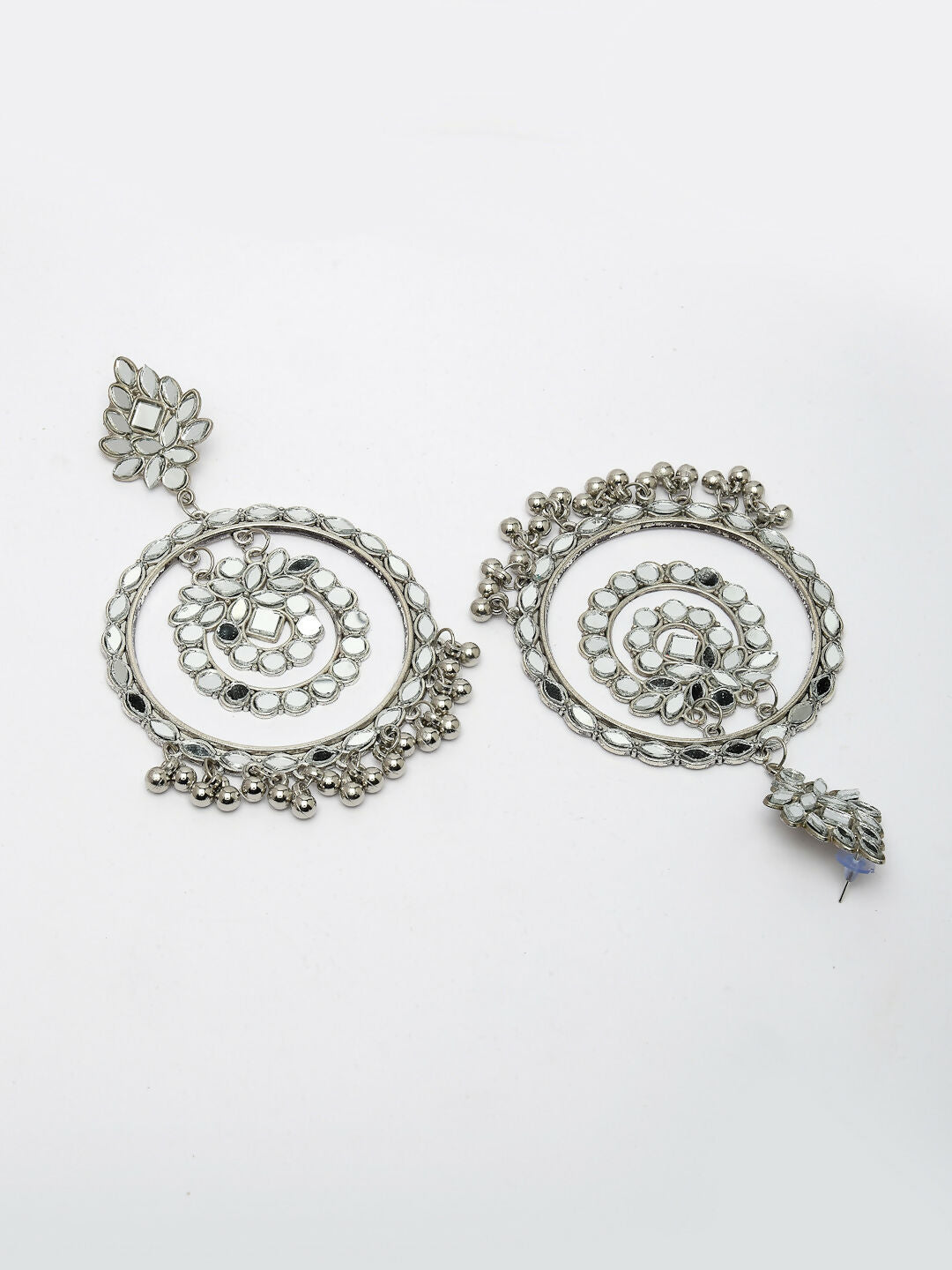 NVR Women's Silver-Toned Mirror Work Oxidised Contemporary Drop Earrings | Swadesiicart