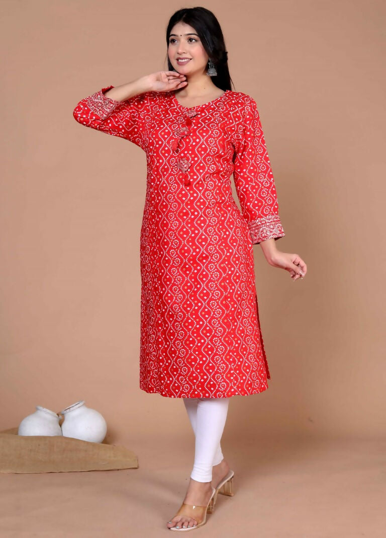 Miravan Women's Festive Wear Red Bandhani Printed Straight Kurta - Swadesiicart