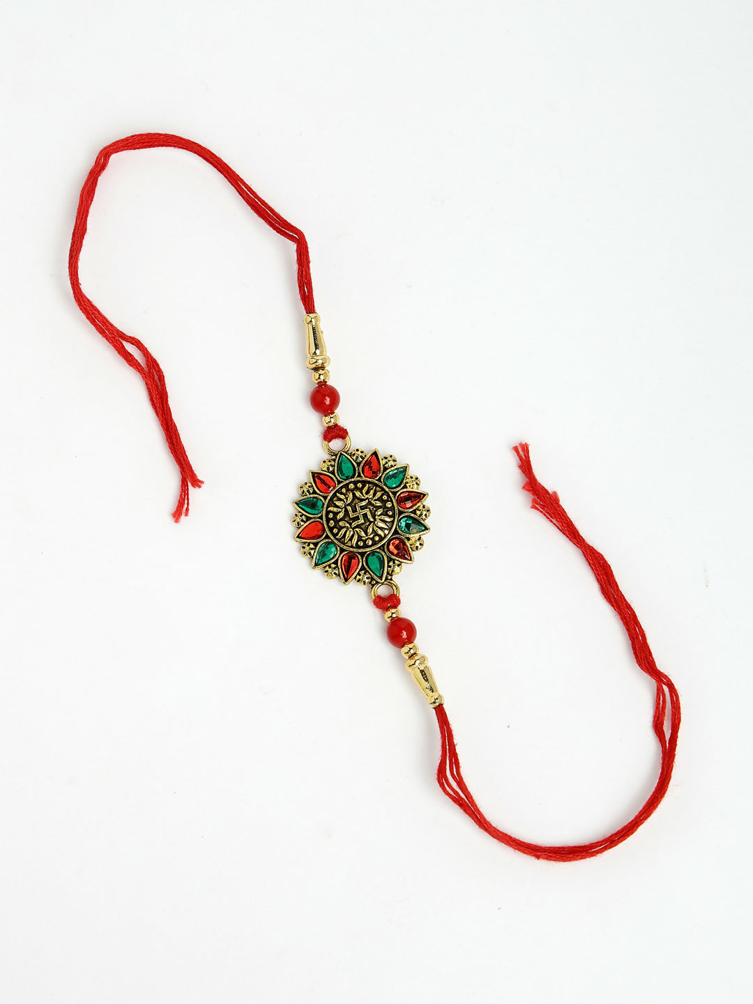 NVR Men Red & Gold-Toned Stone-Studded Rakhi With Roli Chawal | Swadesiicart