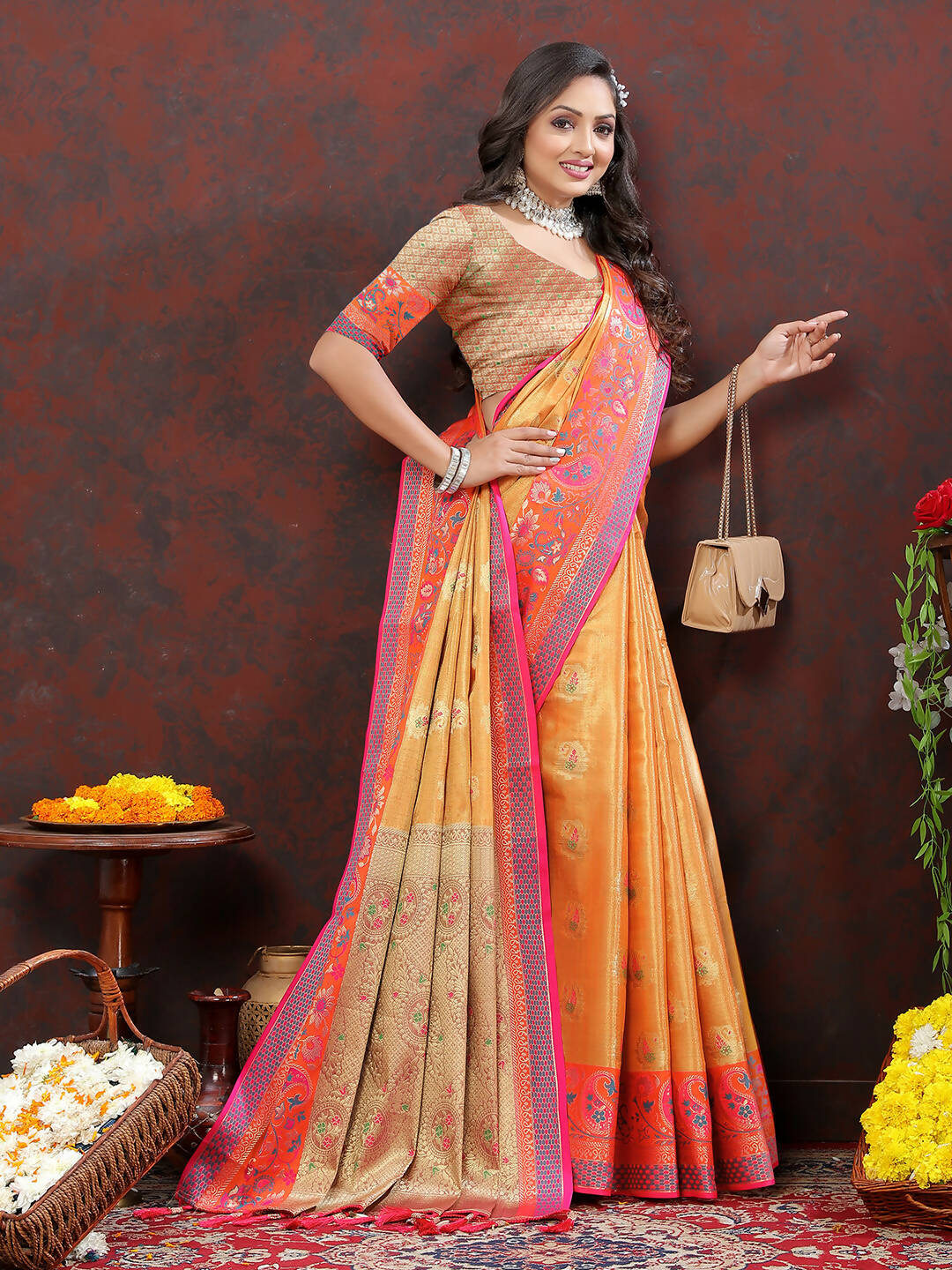 Lorenvalley Fashion Orange Kanjivaram Silk Woven Design with Zari Weaving Saree - Swadesiicart