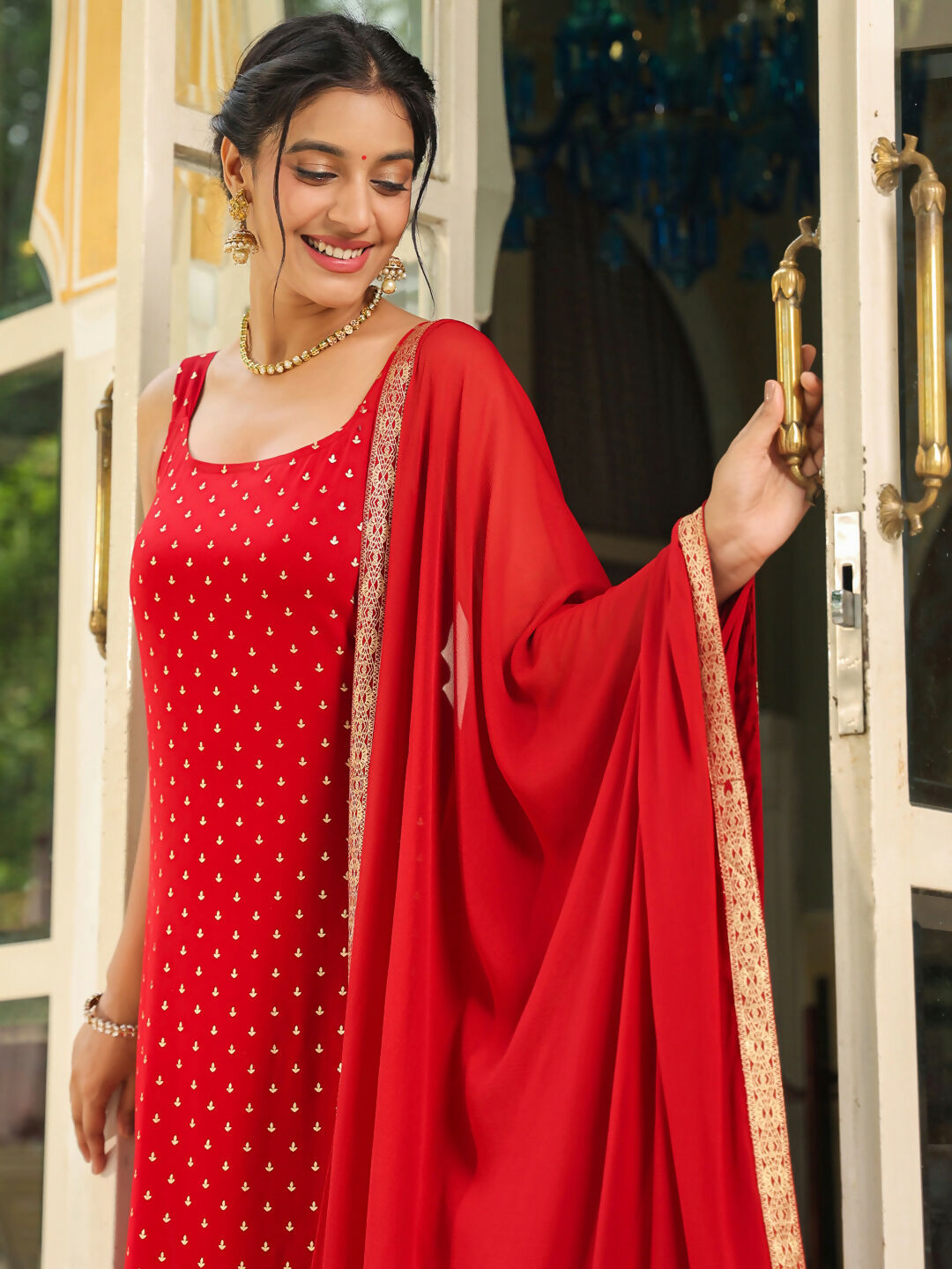 Janasya Maroon Rayon Foil Print Kurta,Bottom & Dupatta | Swadesiicart