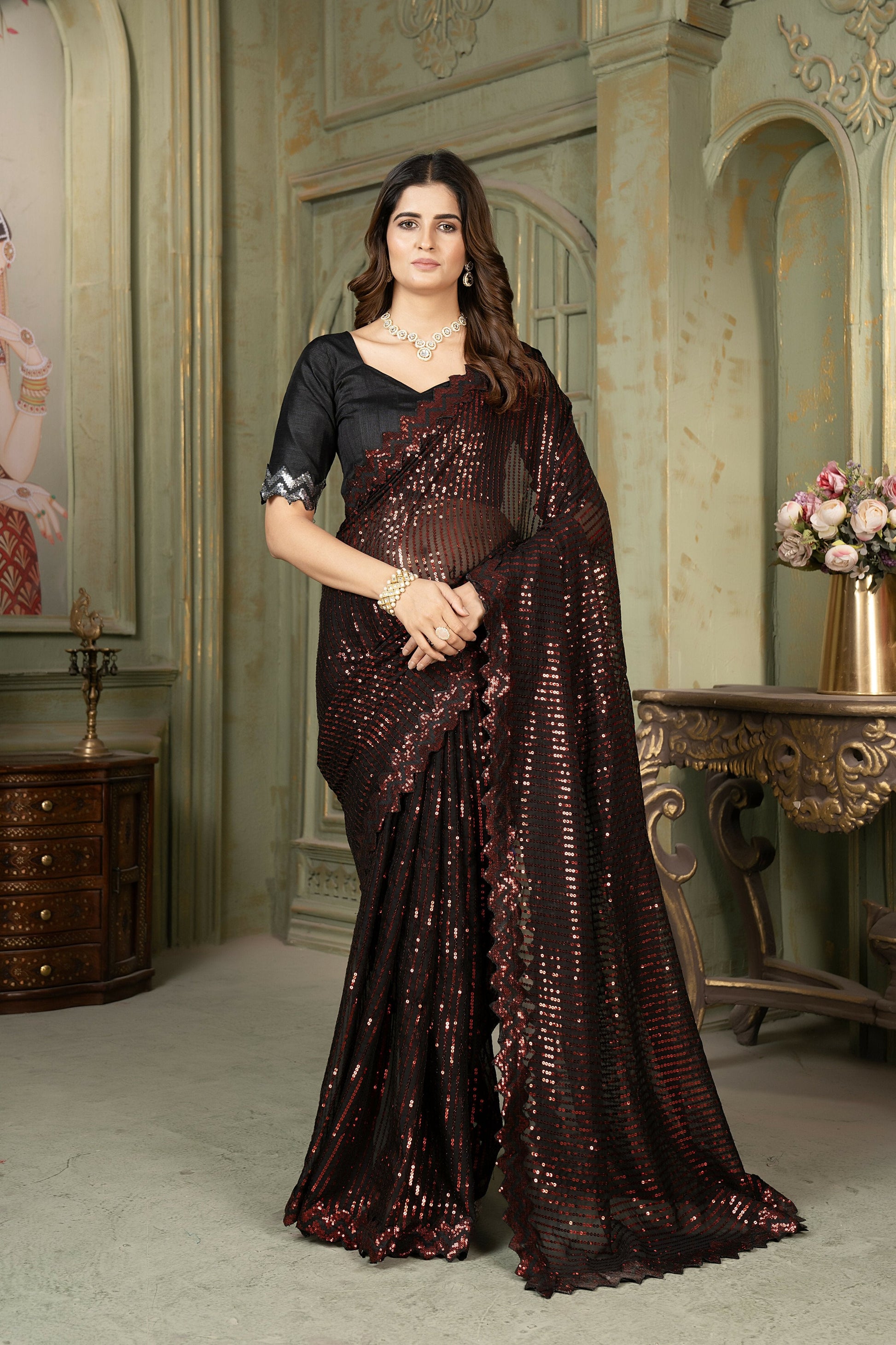 Dishitha Creation Indian Women's Designer Georgette Sequence Saree - Red | Swadesiicart