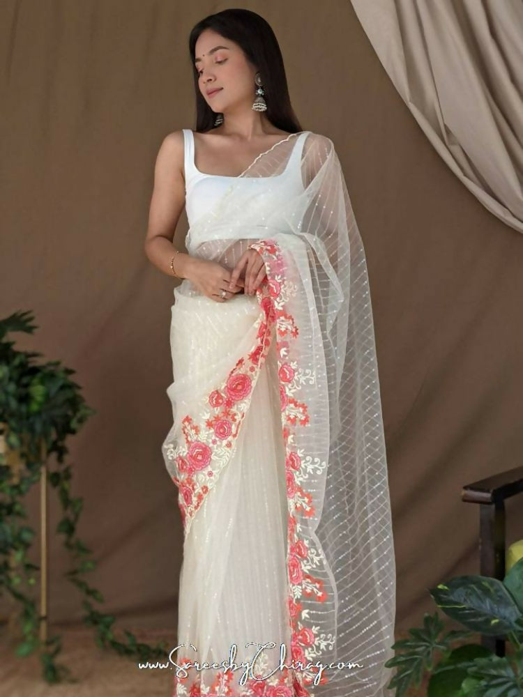 Vamsee Murari White Super Net Saree - Swadesiicart