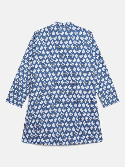 Ahalyaa Boys Blue Pure Cotton Porcian Print Kids Kurta Churidar Set | Swadesiicart