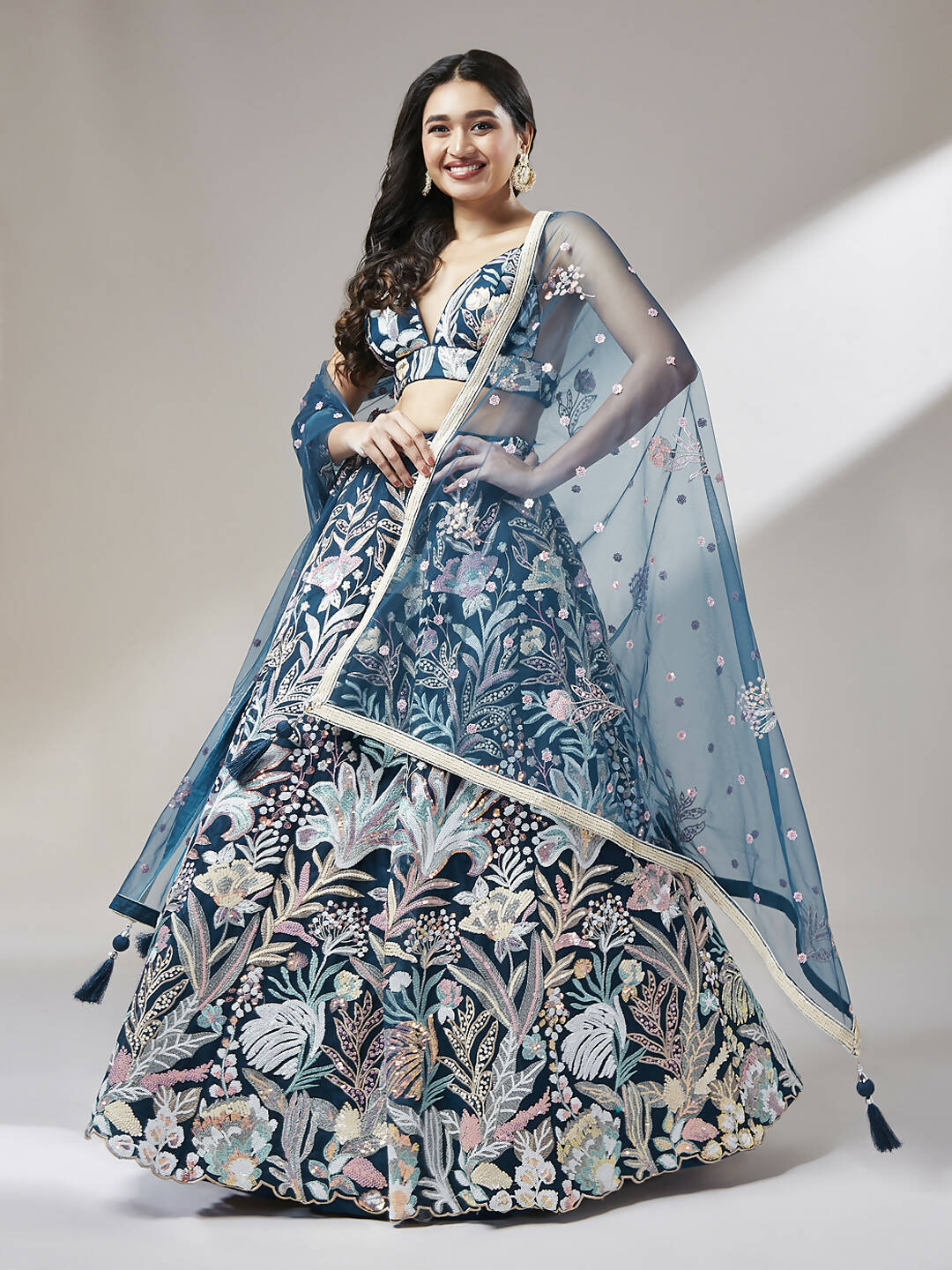 House of Panchhi Navy blue Net Sequinse Work Lehenga & Blouse with Dupatta | Swadesiicart