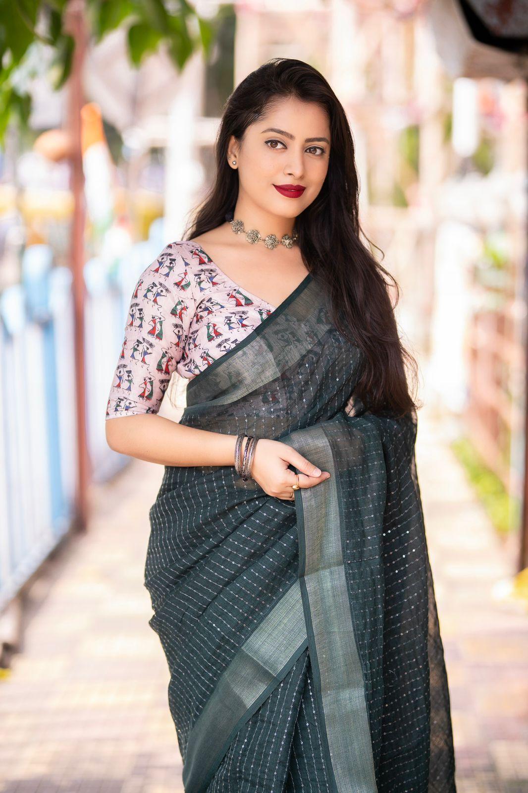 Green Linen Sequence Saree with Unstitched Blouse - Hiral Fashion | Swadesiicart