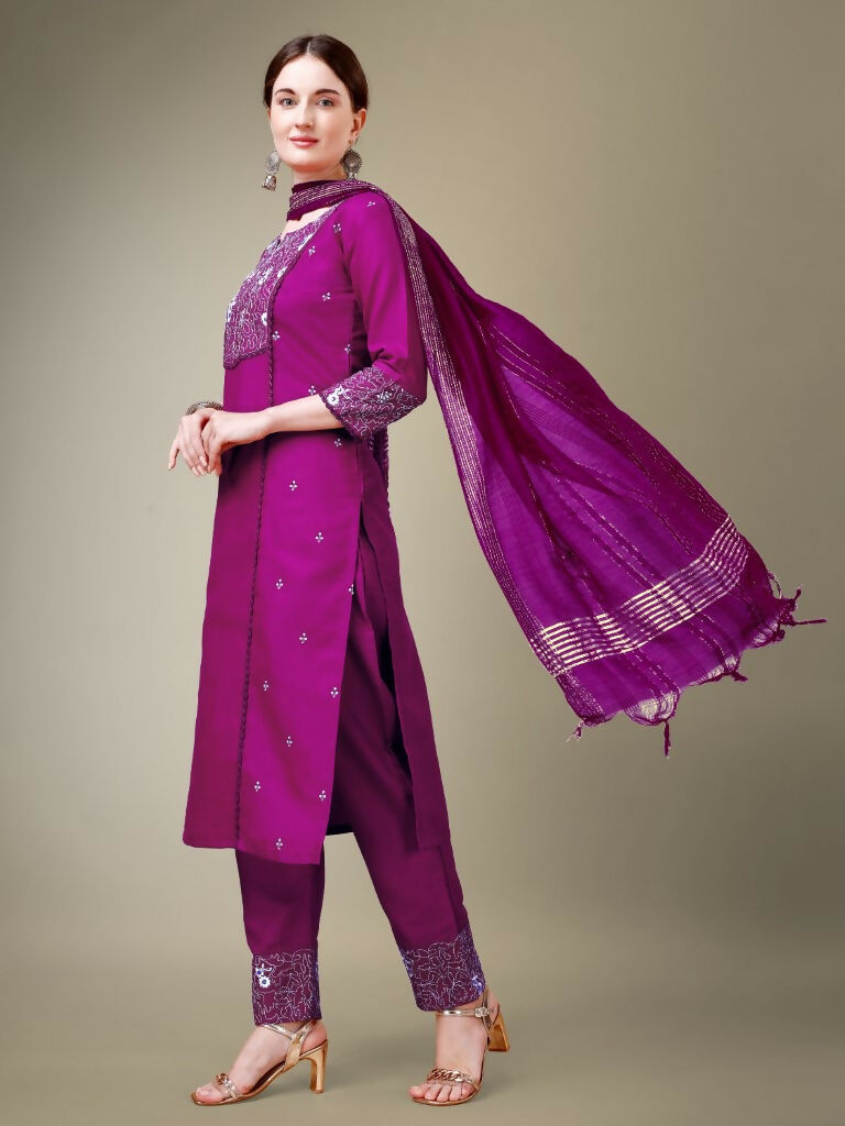 Jyoti Fashion Women's Purple Cotton Blend Embroidery & Fancy Lace work Kurta with Trouser & Dupatta | Swadesiicart
