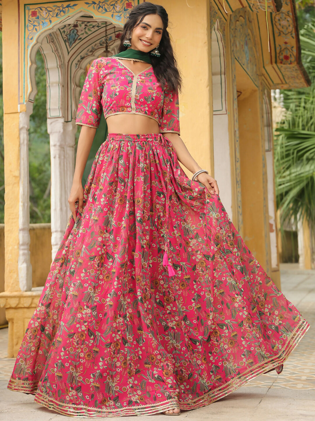 Janasya Pink Georgette Floral Lehenga Choli Dupatta | Swadesiicart