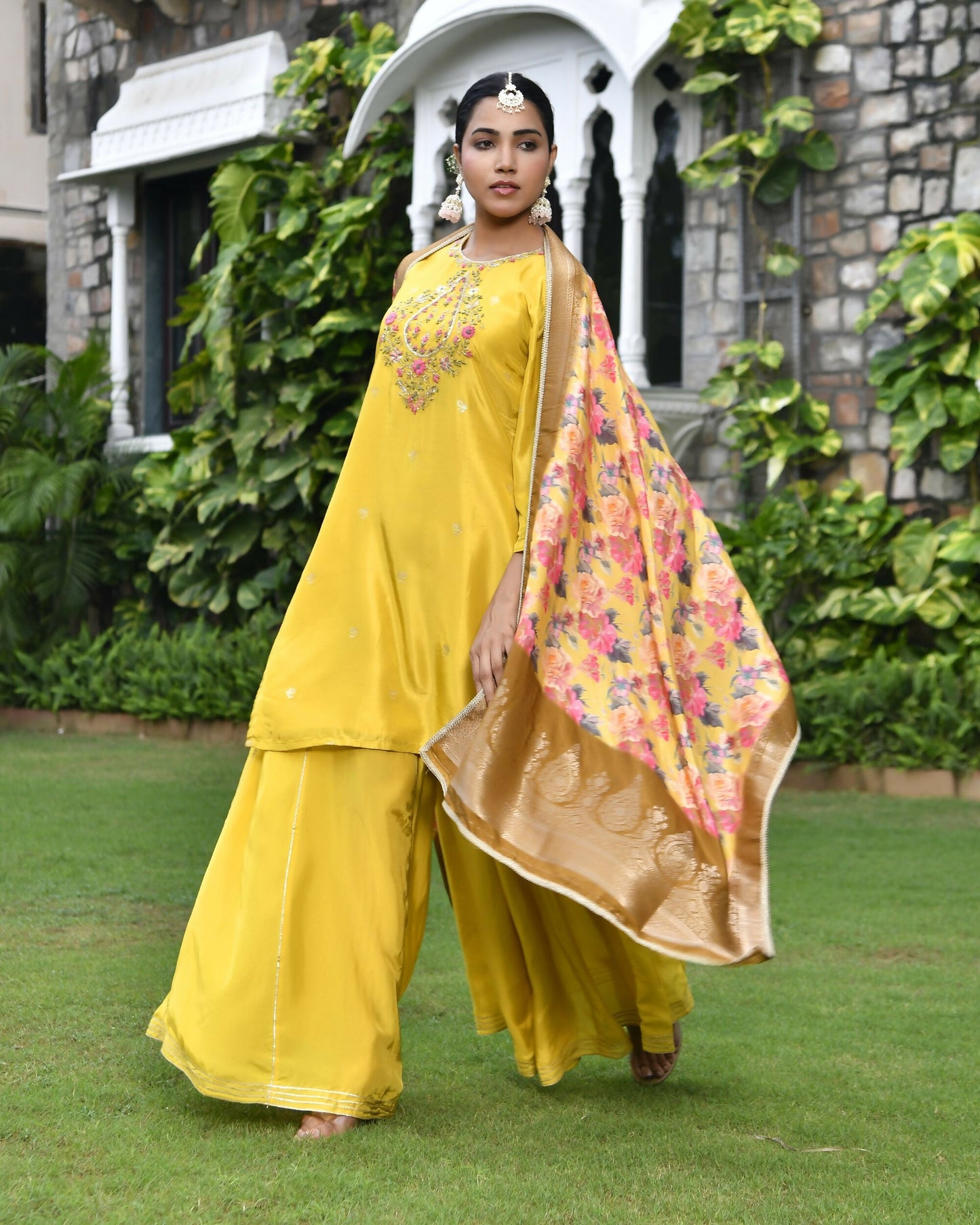 Vaasva Women's Silk Mustard Emboidered Solid Kurta, Sharara & Dupatta Set | Swadesiicart