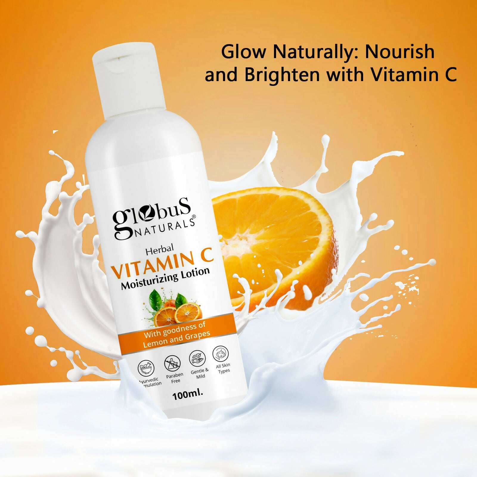 Globus Naturals Herbal Vitamin C Moisturizing Body Lotion For Skin Brightening & Nourishment, Glowing & Youthful Skin, All Skin Types | Swadesiicart