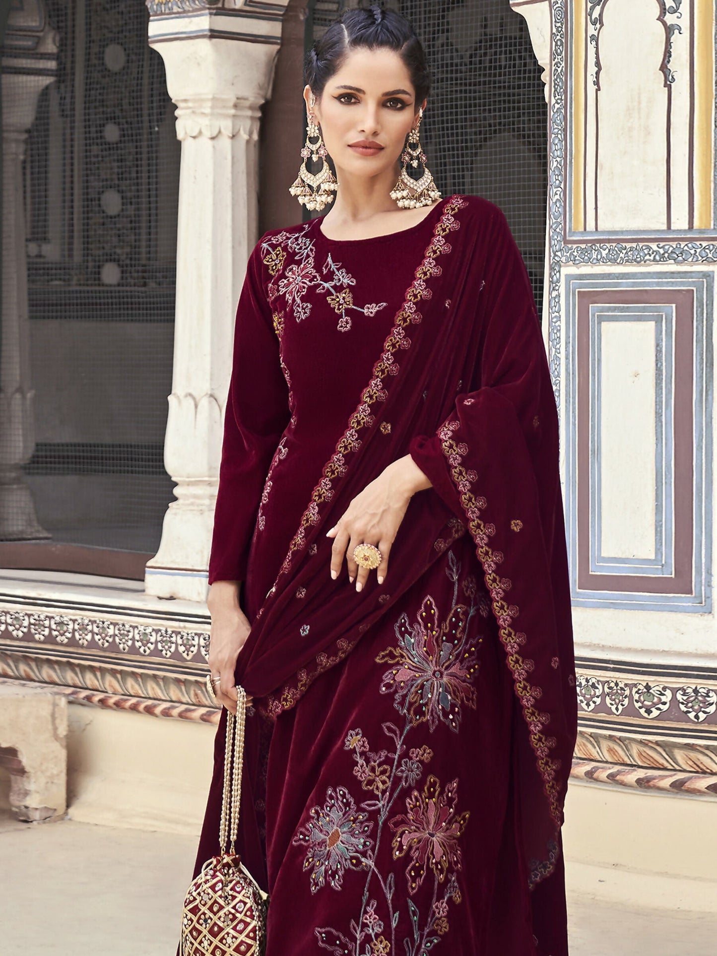 Jyoti Fashion Women's Maroon Velvet Resham Thread with Jari & Sequin Kurta with Trouser & Dupatta | Swadesiicart