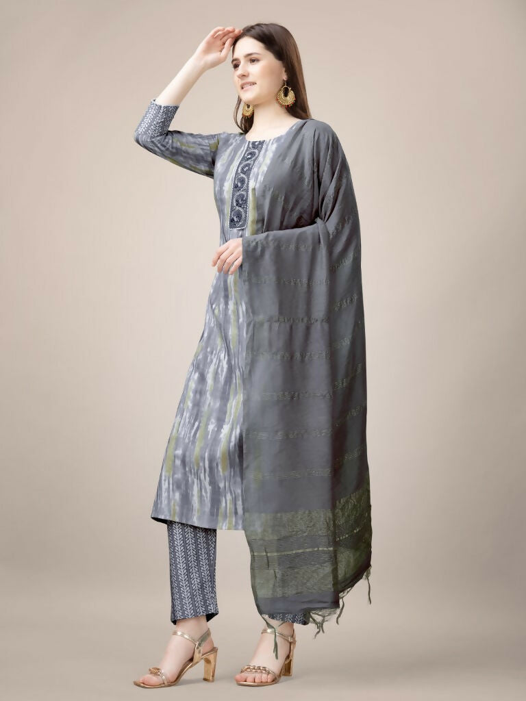 Jyoti Fashion Women's Grey Rayon Print with Embroidery & Fancy Lace Work Kurta with Trouser & Dupatta | Swadesiicart