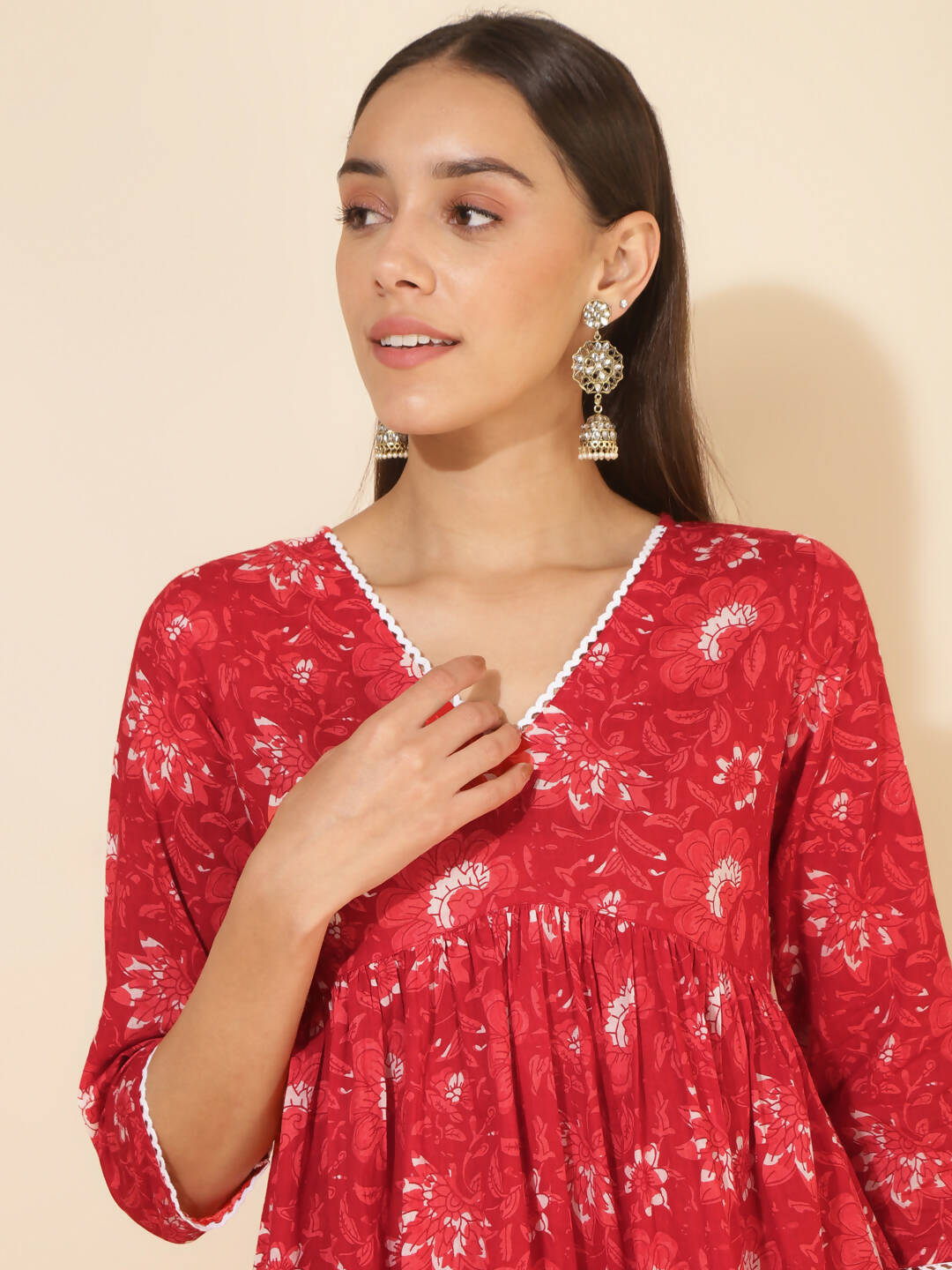 Janasya Women's Red Cotton Floral Printed Casual Flared Co-ords - Swadesiicart