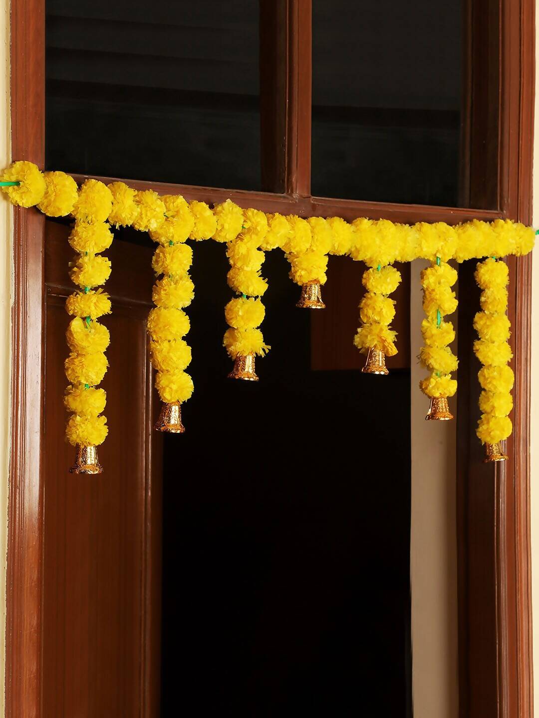 Tied Ribbons Yellow Entrance Hanging Marigold Flowers Bandhanwar Toran Garland with Bells | Swadesiicart