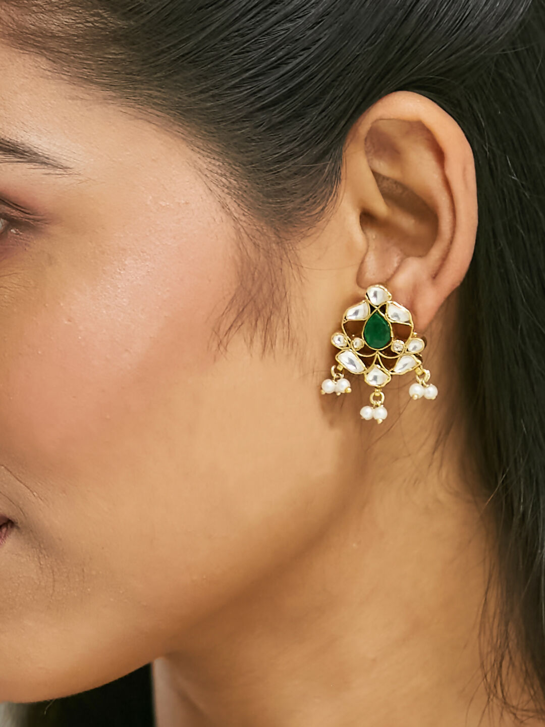 Nuyug 22K Gold-Plated Elegant Kundan & Green Stone Studded Pearl Drops Studs | Swadesiicart