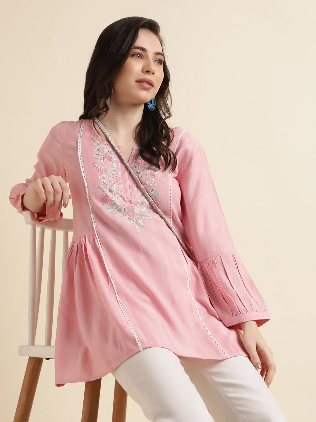 Pink Viscose Rayon Yoke Embroidered A-line Top - Tarini - Swadesiicart