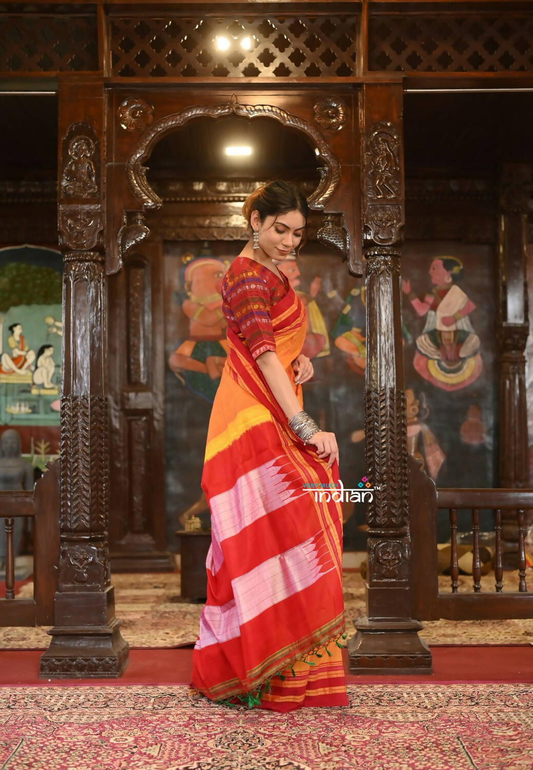 Very Much Indian Handloom Cotton Viscose Ilkal Saree Bright Mustard Yellow With Red Border | Swadesiicart
