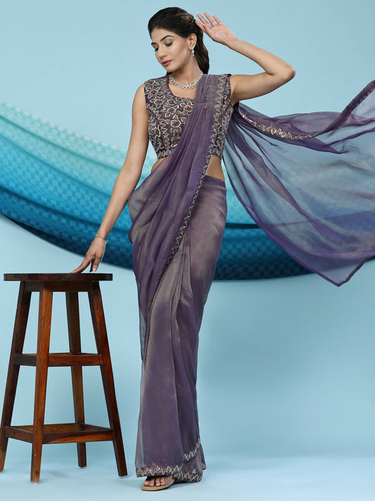 Purple Lycra Shimmer Pattern Ready to Wear Saree with stitched Blouse - Nirvana | Swadesiicart