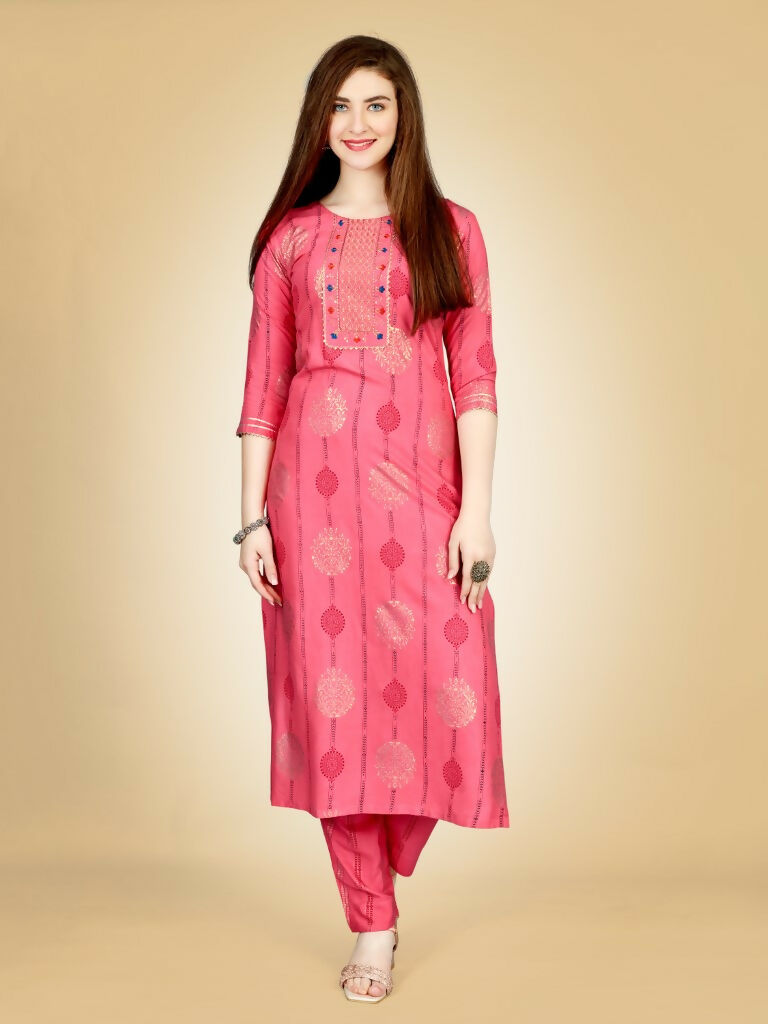 Jyoti Fashion Women's Pink Viscose Rayon Embroidered Kurta Pant Set | Swadesiicart