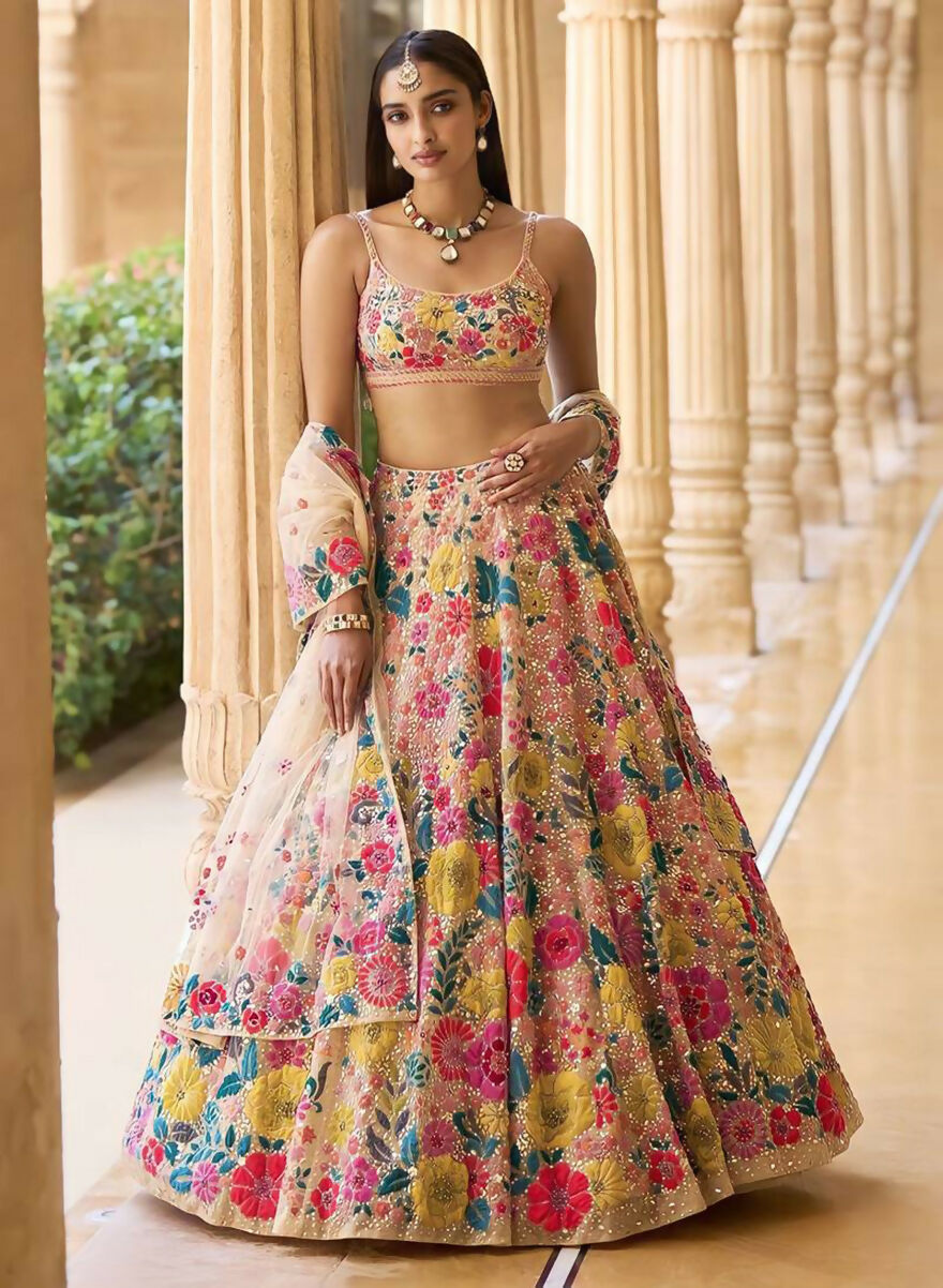 Jyoti Fashion Multicolor Thread & 5mm Sequence Embroidery Georgette Lehenga Choli with Dupatta | Swadesiicart