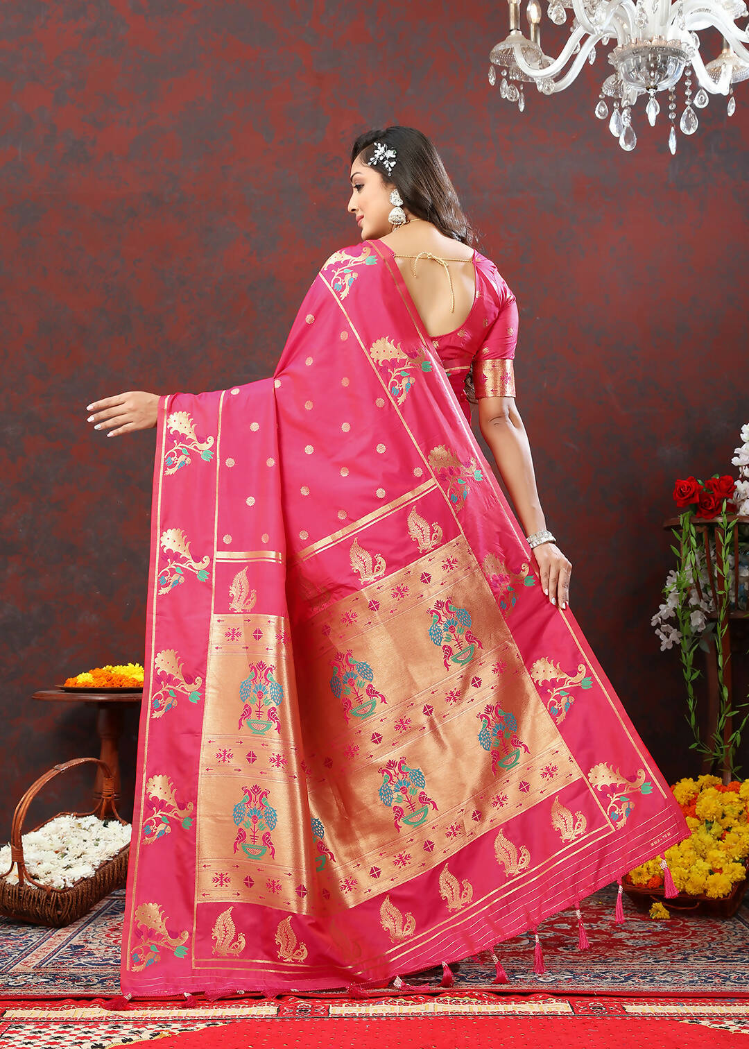 Lorenvalley Fashion Pink Soft Paithani Silk Woven Design Copper Zari Meenakari Weaving Saree - Swadesiicart
