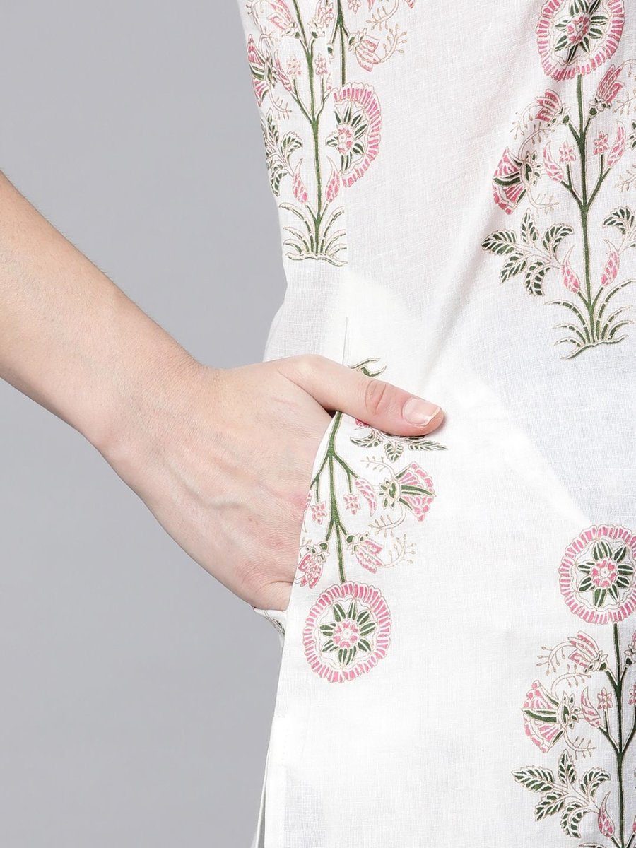Ahalyaa Women's Off White Pure Cotton Floral Printed Kurta | Swadesiicart