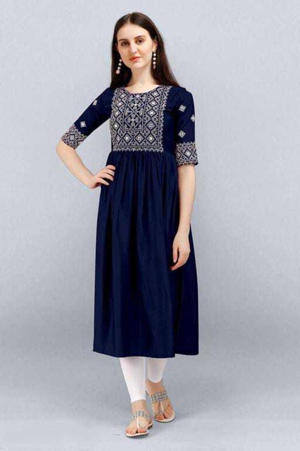 PAVONINE Navy Blue Color Burfi Design Embroidery Dress For Women | Swadesiicart