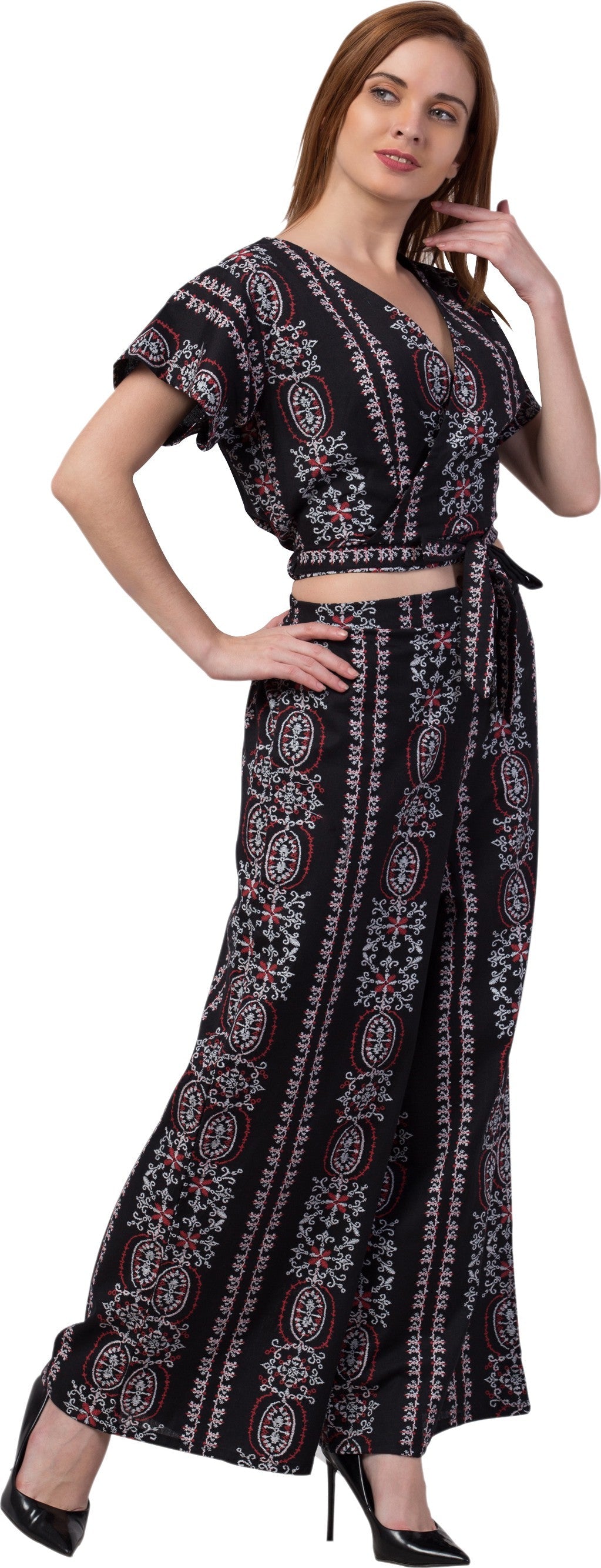 PAVONINE Black Color Printed Crop Top And Flared Palazzo Set For Girls & Women - Swadesiicart
