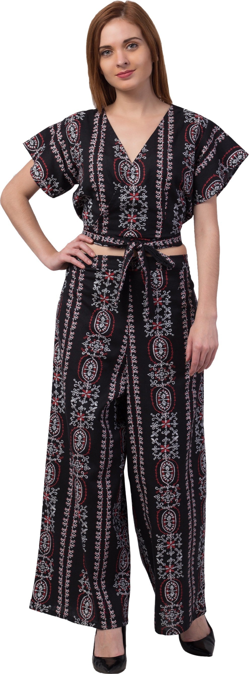 PAVONINE Black Color Printed Crop Top And Flared Palazzo Set For Girls & Women - Swadesiicart