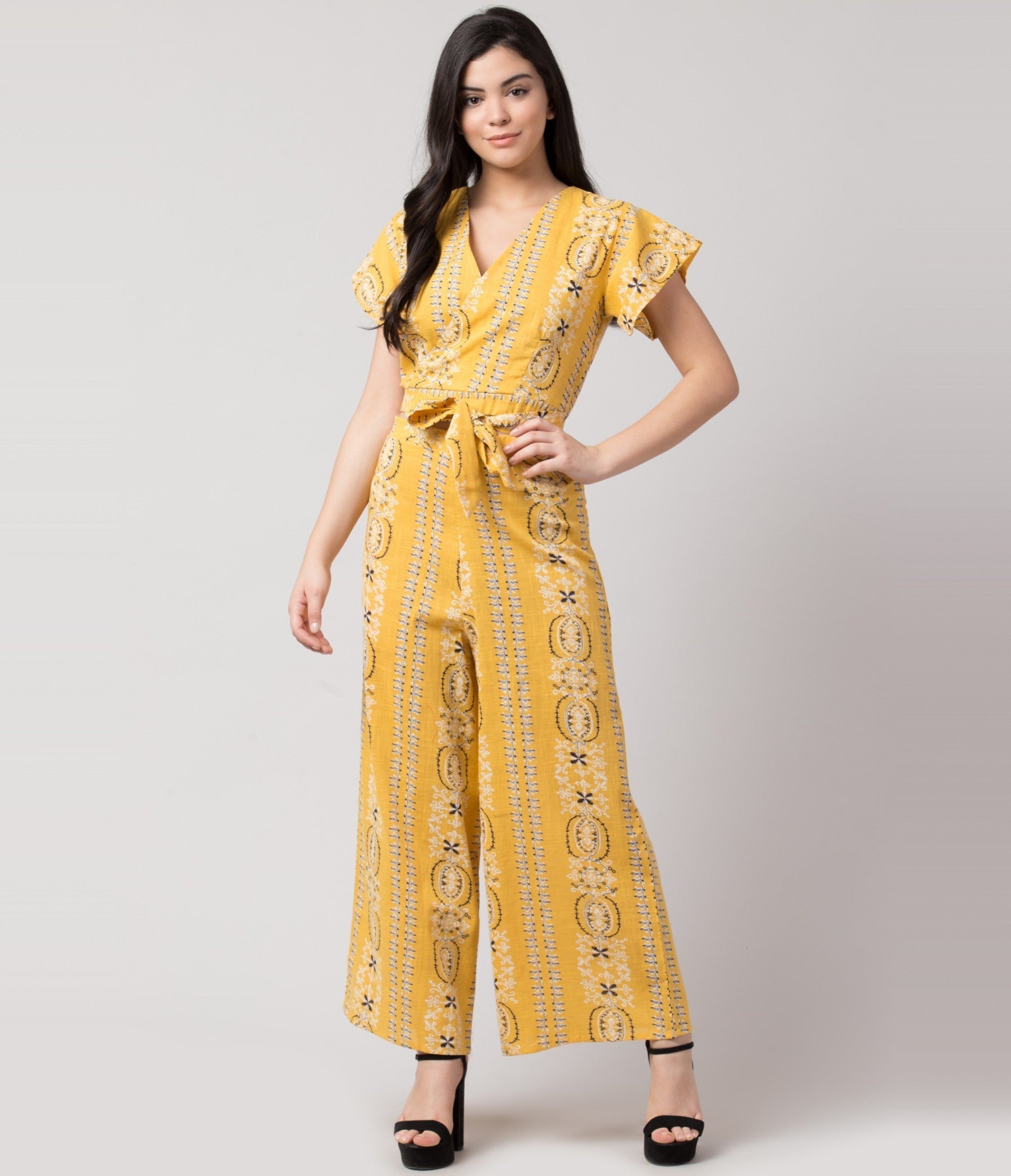 PAVONINE Mustard Color Printed Crop Top And Flared Palazzo Set For Girls & Women - Swadesiicart