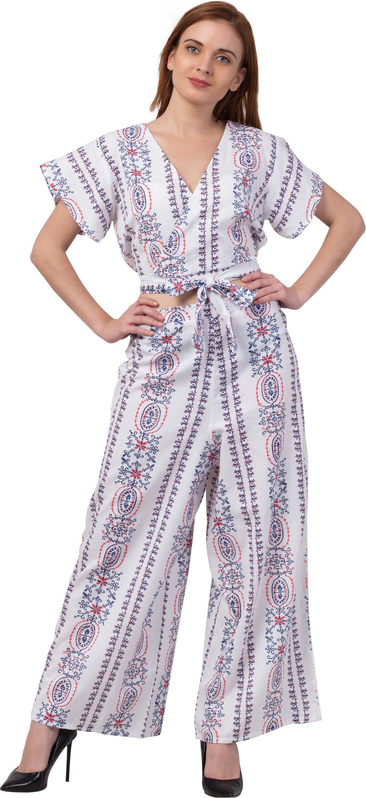 PAVONINE White Color Printed Crop Top And Flared Palazzo Set For Girls & Women - Swadesiicart