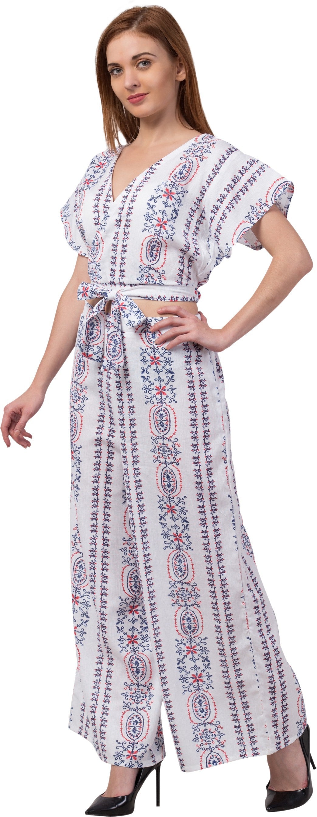 PAVONINE White Color Printed Crop Top And Flared Palazzo Set For Girls & Women - Swadesiicart