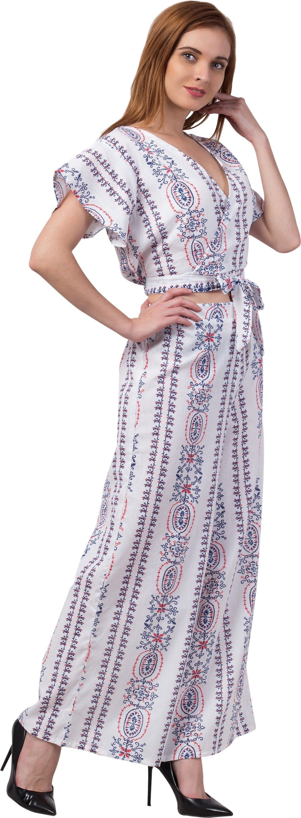 PAVONINE White Color Printed Crop Top And Flared Palazzo Set For Girls & Women - Swadesiicart