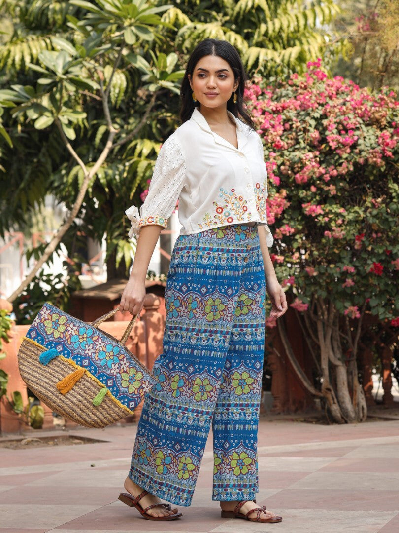 Juniper Blue Floral Printed Rayon Schiffli Top & Pants Set With Thread Work - Swadesiicart