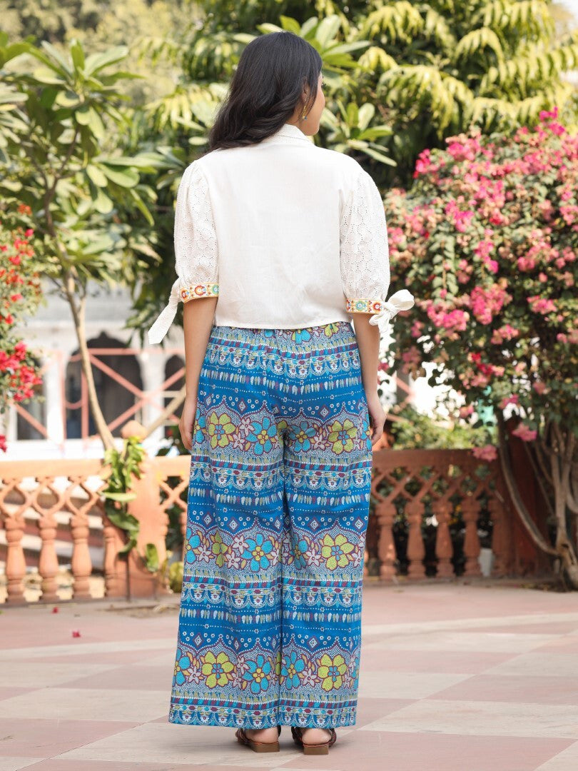 Juniper Blue Floral Printed Rayon Schiffli Top & Pants Set With Thread Work - Swadesiicart