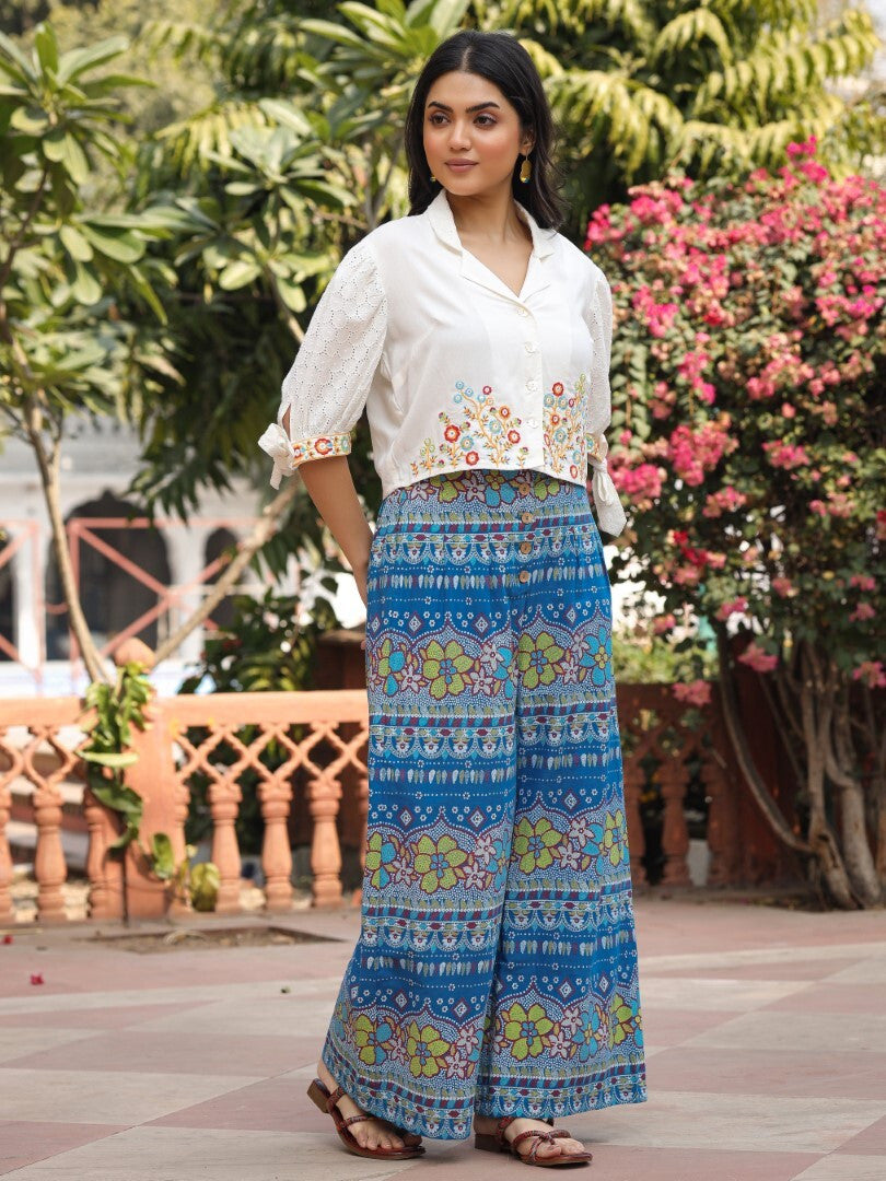 Juniper Blue Floral Printed Rayon Schiffli Top & Pants Set With Thread Work - Swadesiicart