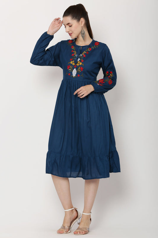 PAVONINE Navy Blue Color Flower Embroidery Dress For Women | Swadesiicart