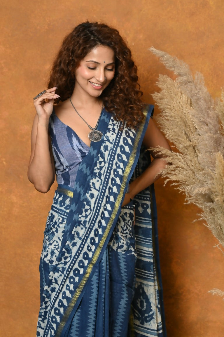 Very Much Indian Handblock Printed Cotton Saree With Natural Dyes - Blue | Swadesiicart