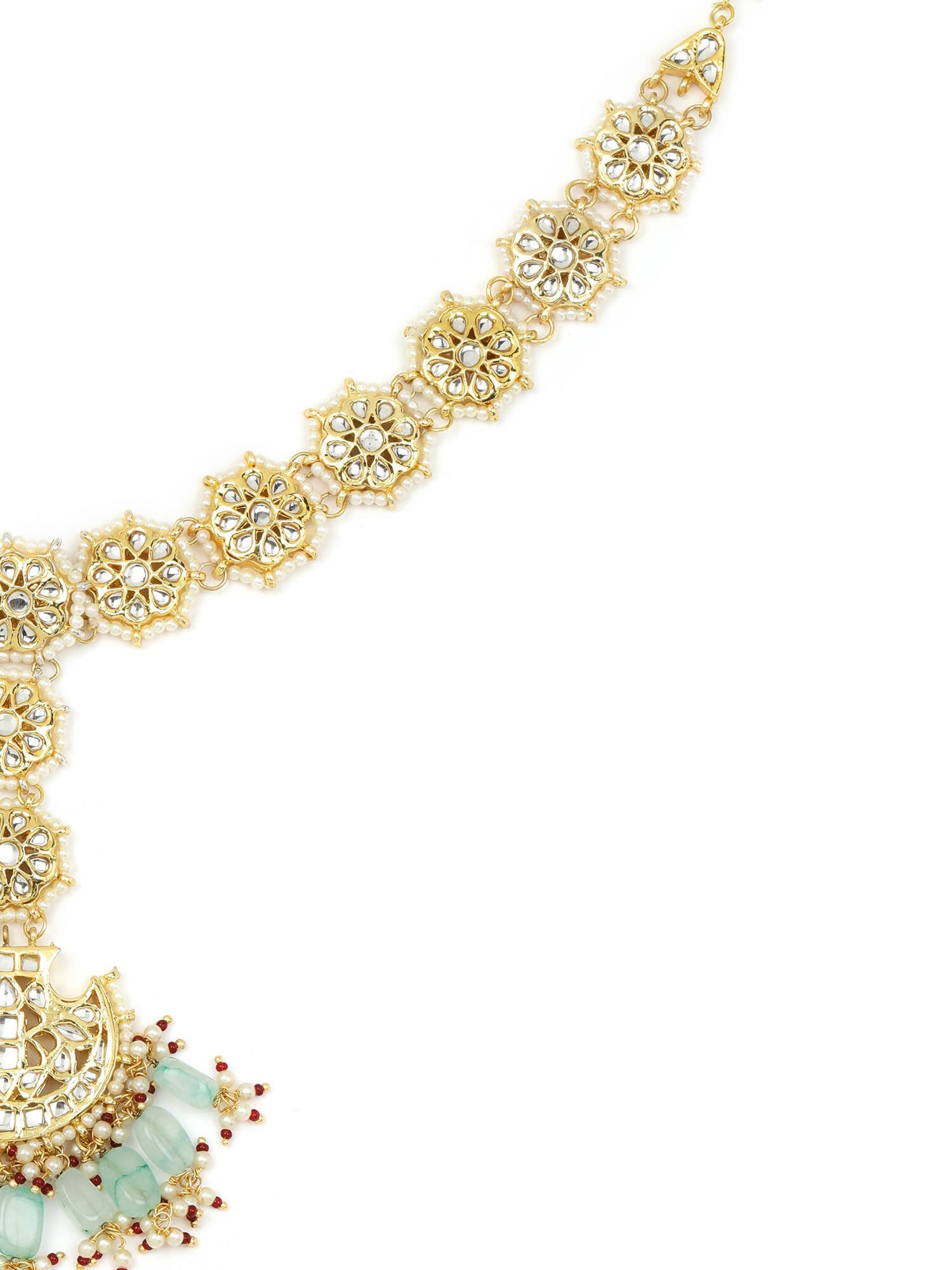 Gold-Polished White Blue Kundan-Studded Pearl Beaded Matha Patti - Ruby Raang | Swadesiicart