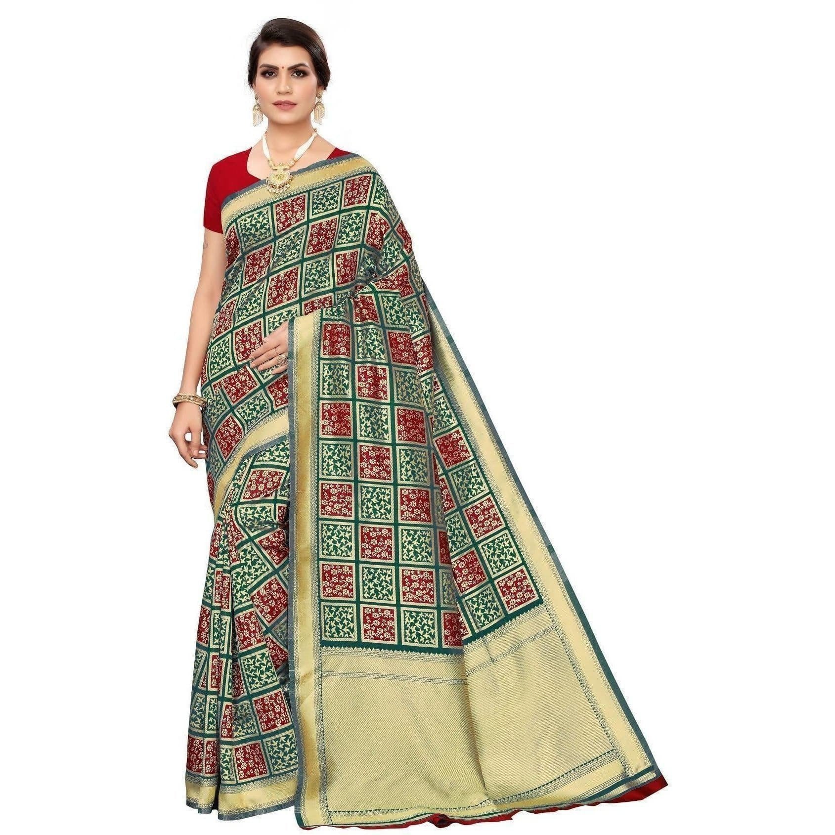 Vamika Banarasi Jaquard Rama Green Weaving Saree (Banarasi 23) | Swadesiicart